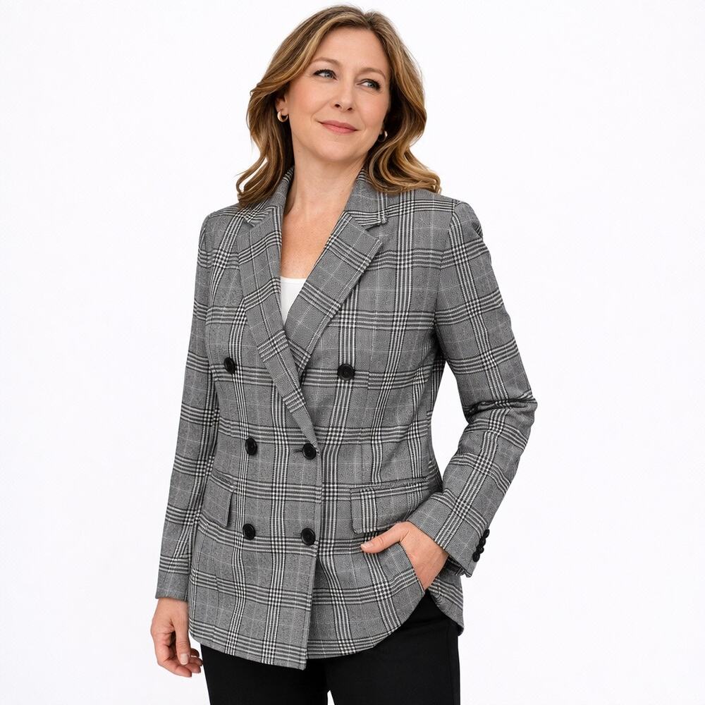Madewell Glen Plaid Blazer Jacket Gray Double Breasted Career Stretch Small